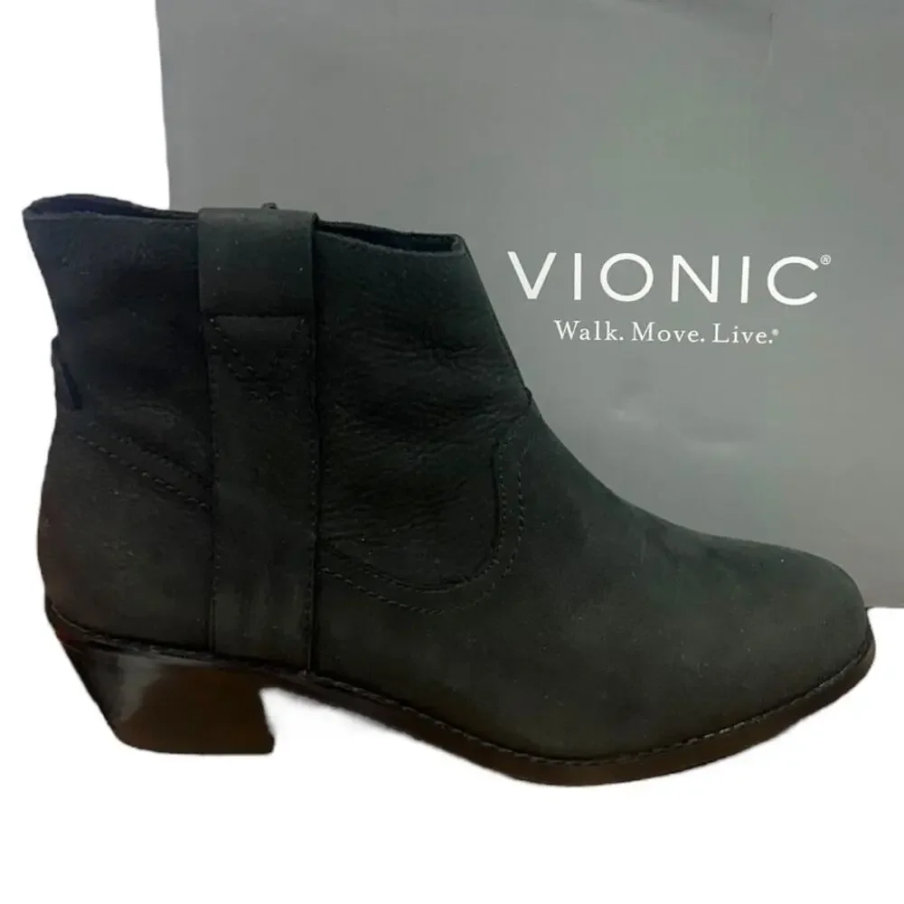 Vionic Roselyn Ankle Boots Womens Size 7 Black Nubuck Weather Resistant Side Zip